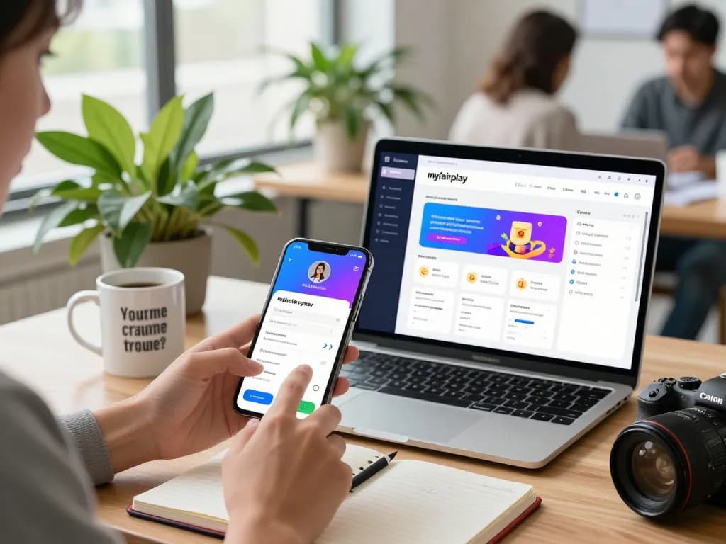 User interacting with myfairplay register app on smartphone in a bright workspace.