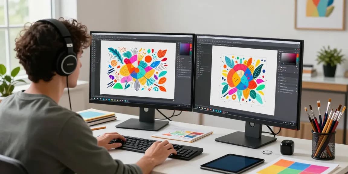 Artist using the image to prompt generator tool on a dual-monitor setup to create digital art.