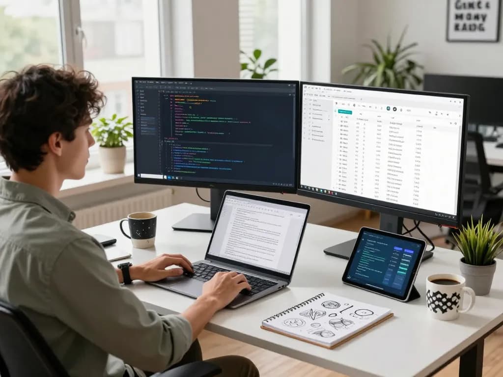 Developer utilizing the Open Claw personal AI assistant in a modern workspace with dual monitors and collaborative tech tools.