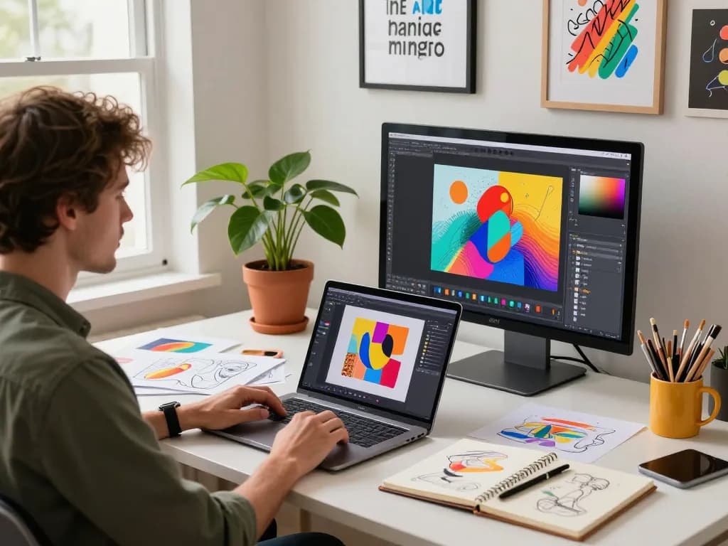 Creative workspace with a digital artist using the Nano Banana Pro AI image editor, showcasing vibrant sketches and tools in an inspiring atmosphere.