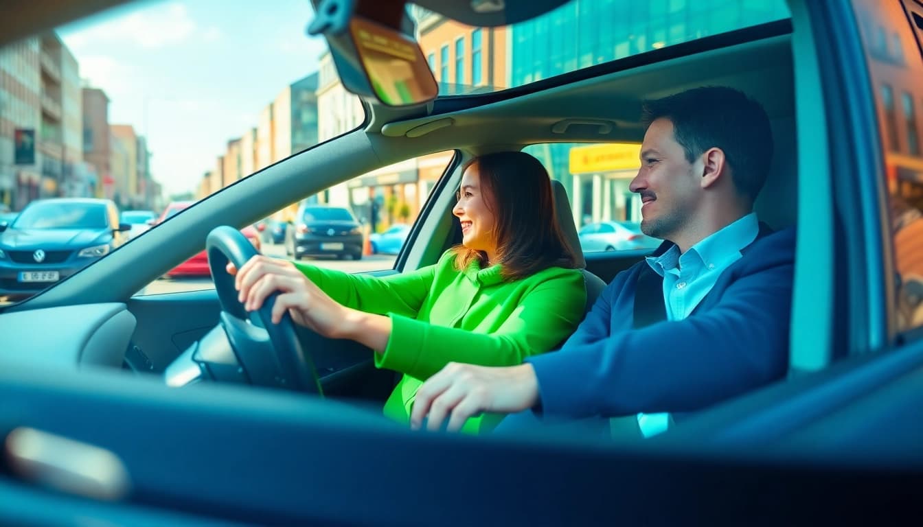 Driving school Leeds with a professional instructor guiding a learner driver through urban streets.