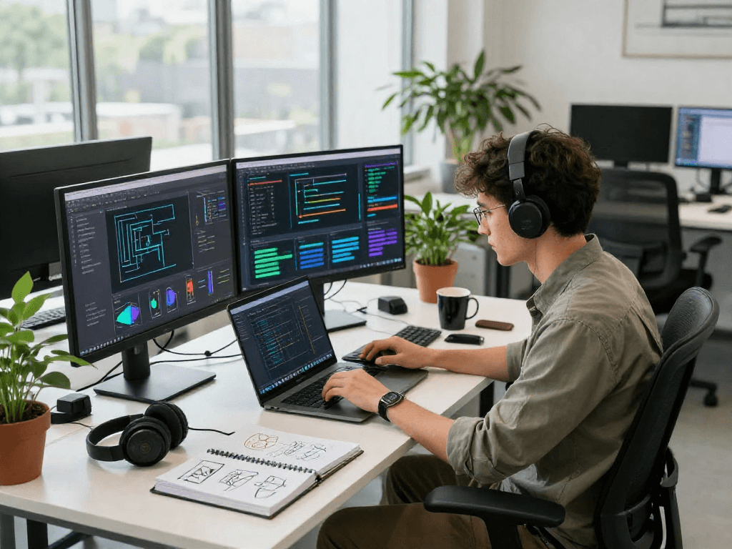 Engaging tech workspace with a developer coding AI algorithms, showcasing juicy ai innovations.