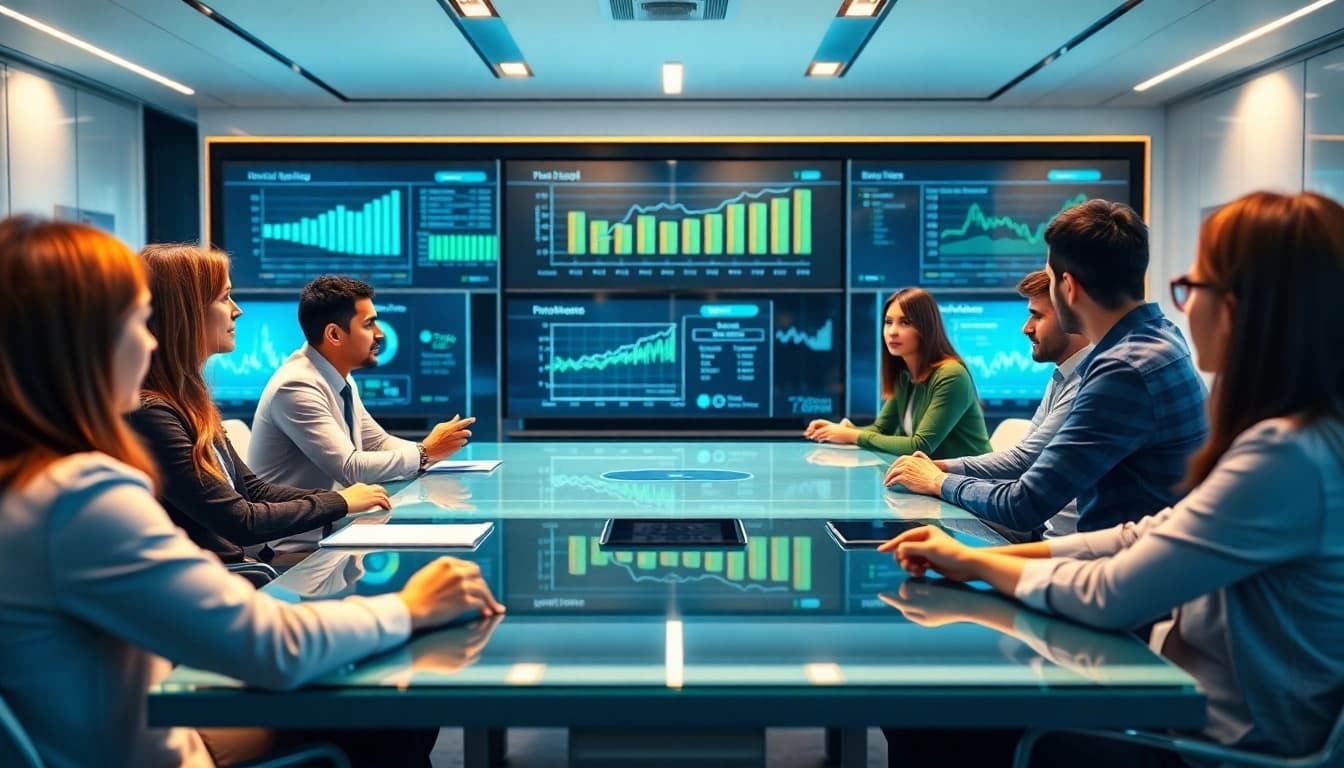 Tiger ERP solution discussion in a modern office environment with professionals analyzing data.
