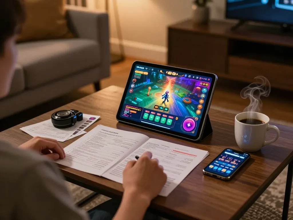 Engaging in FO88 online casino gaming on a tablet in a cozy living room.