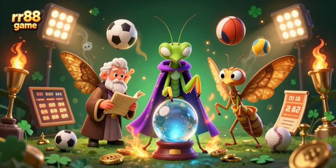 Engage with the exciting rr88 game through a vibrant scene of sports elements and mystical characters.