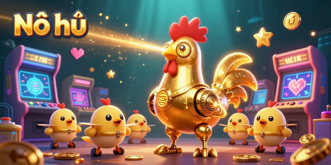 Nổ hũ game showcases a vibrant scene with a golden rooster robot and arcade machines, engaging players.