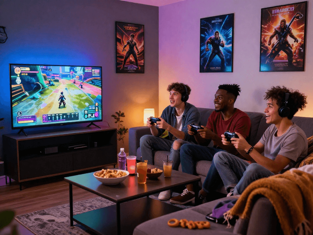 Group enjoying a real porn game in a cozy gaming lounge with vibrant visuals.