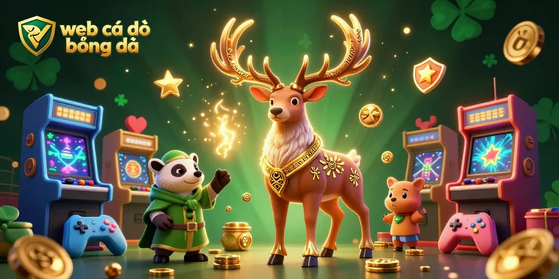 Experience thrilling wins at web cá độ bóng đá with the dynamic scene featuring illuminated game machines and engaging characters.