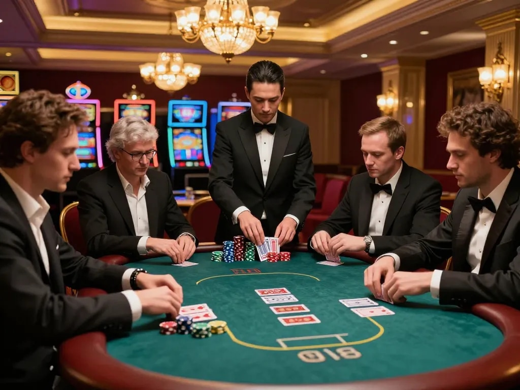 Players engage in a thrilling poker game at 8kbet's upscale casino, showcasing strategy and excitement.