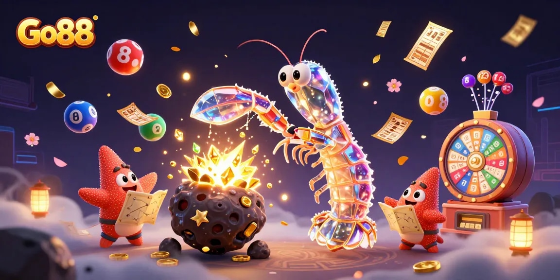 Go88 showcases galactic samurai mantis shrimp and starlight armor in a vibrant casino scene.