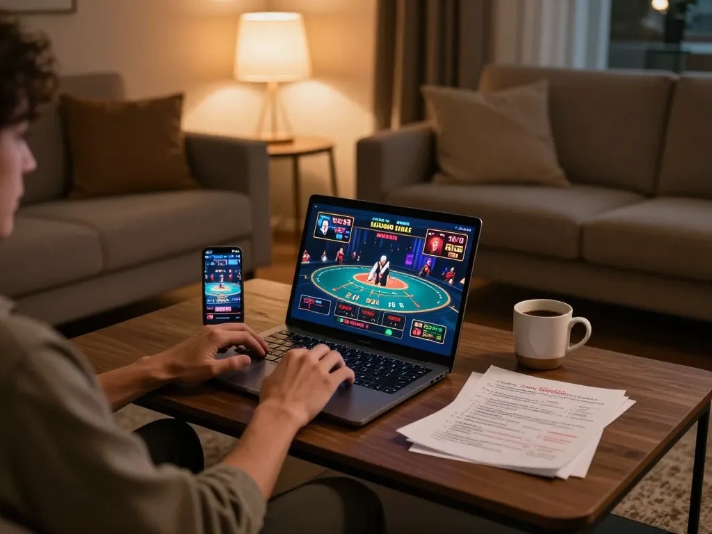 Person enjoying responsible rr88 online casino gaming at home with strategic notes.