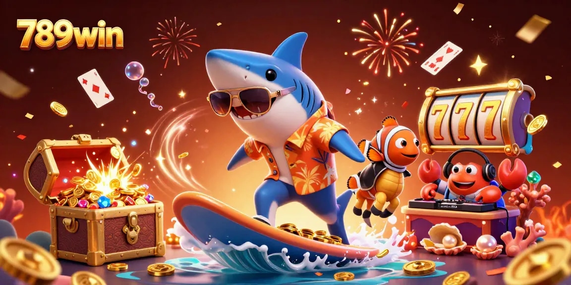 Experience thrilling wins with 789win as a shark surfs on gold coins surrounded by casino excitement.