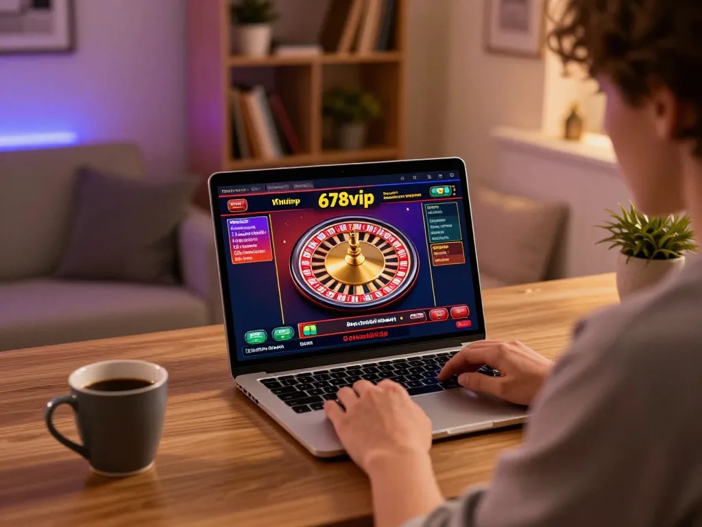 Engaging gameplay on 678vip online casino, with roulette action displayed on laptop screen.