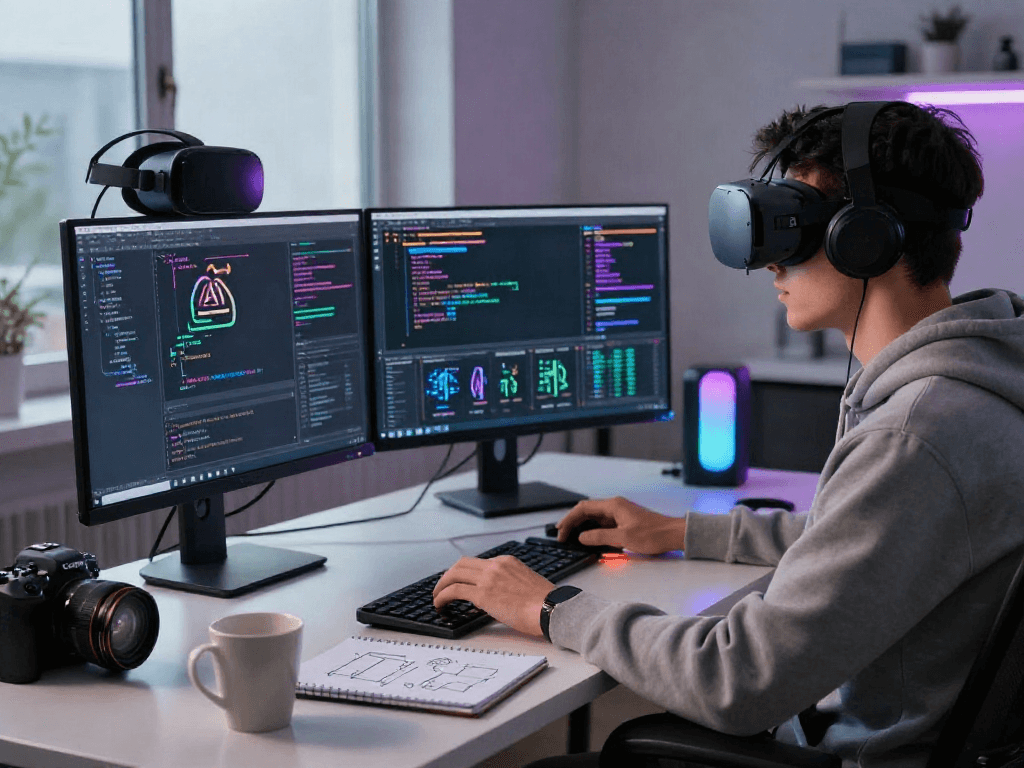 AI NSFW content creation workspace with a coder focused on data analytics, showcasing modern tech surroundings.