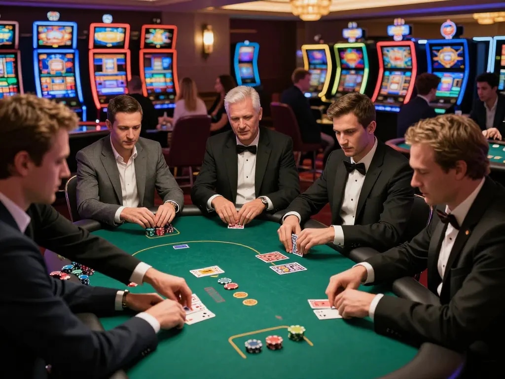 Jun88 players engaged in an intense poker game at a luxury casino, highlighting strategic betting and competitive atmosphere.
