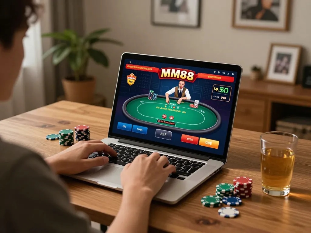 Engaging online gaming scene with MM88 on a laptop, showcasing poker strategy in a cozy home setting.