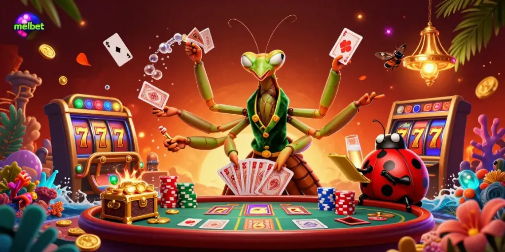 Engage with melbet in a vibrant casino scene featuring unique characters, slot machines, and dynamic gaming elements.