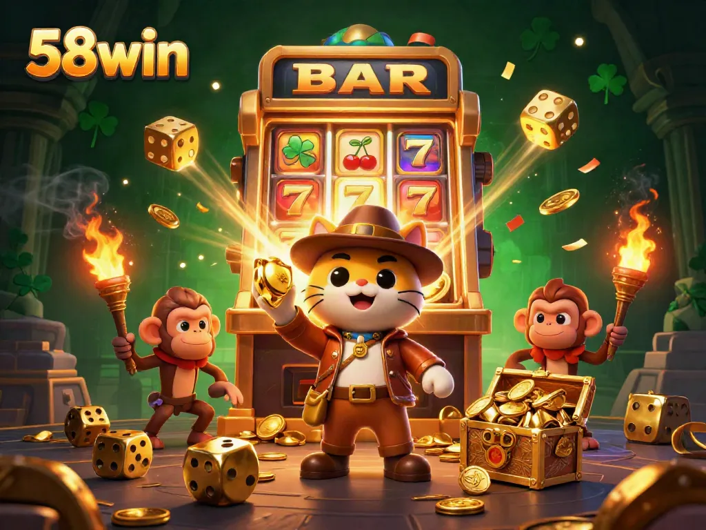 Engaging scene of a cat explorer discovering casino treasures at 58win, surrounded by dynamic game elements.