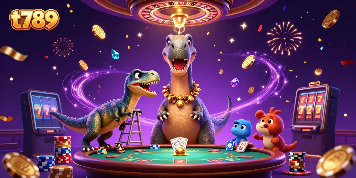 T789 casino scene featuring a giant brontosaurus and a raptor dealing cards among vibrant gambling elements.