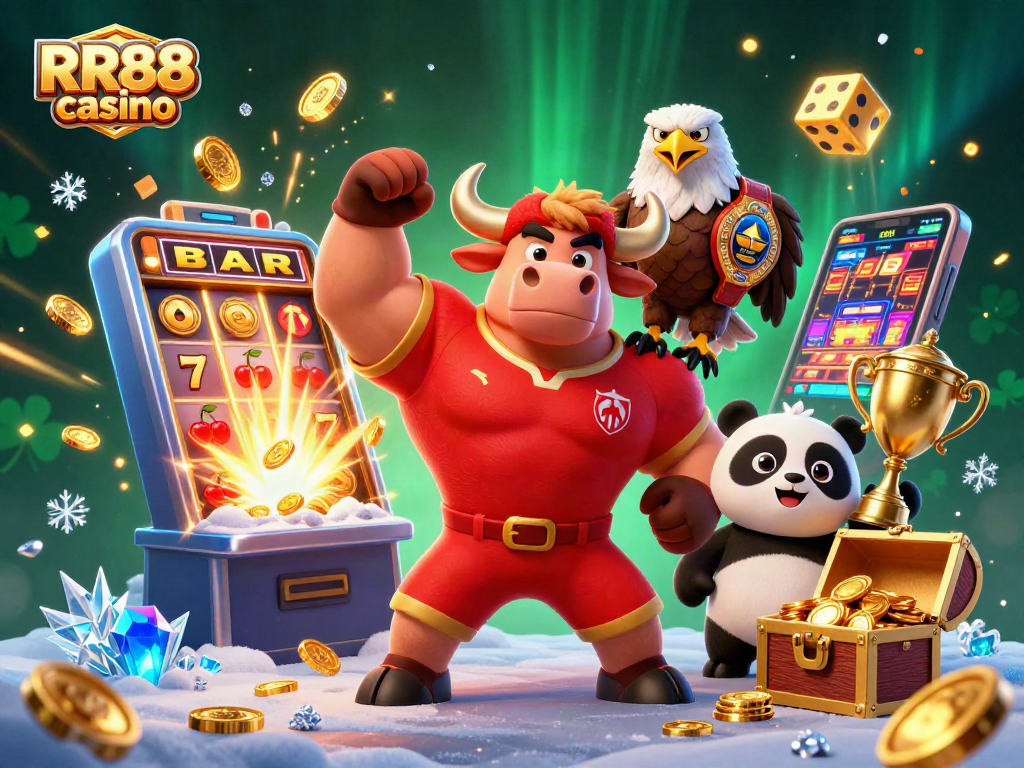 Experience thrilling gaming at RR88 casino with dynamic characters celebrating wins amidst vibrant casino elements.