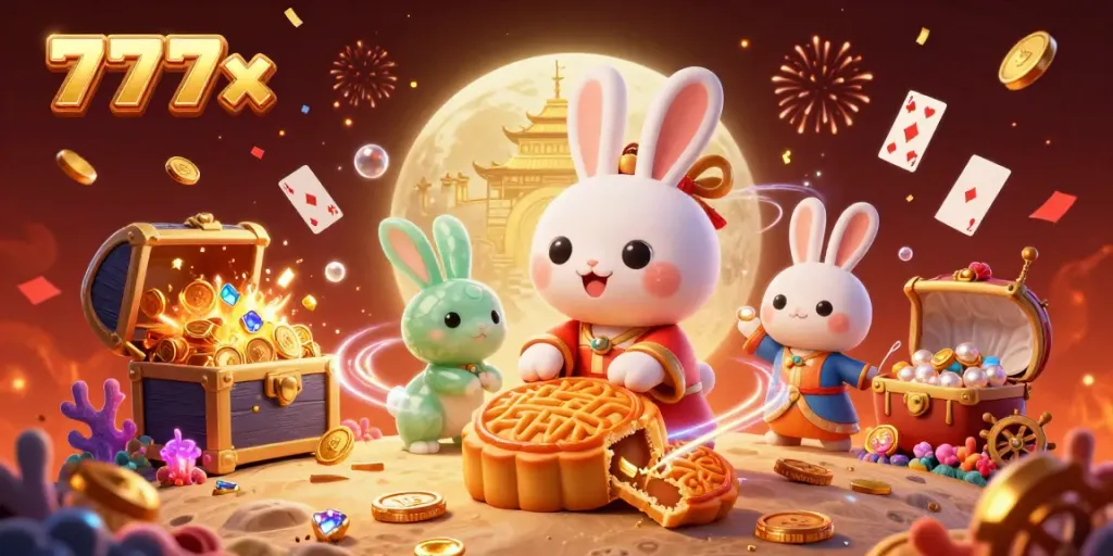Engage in thrilling action at 777x casino with a joyful moon rabbit celebrating among poker chips and treasures.