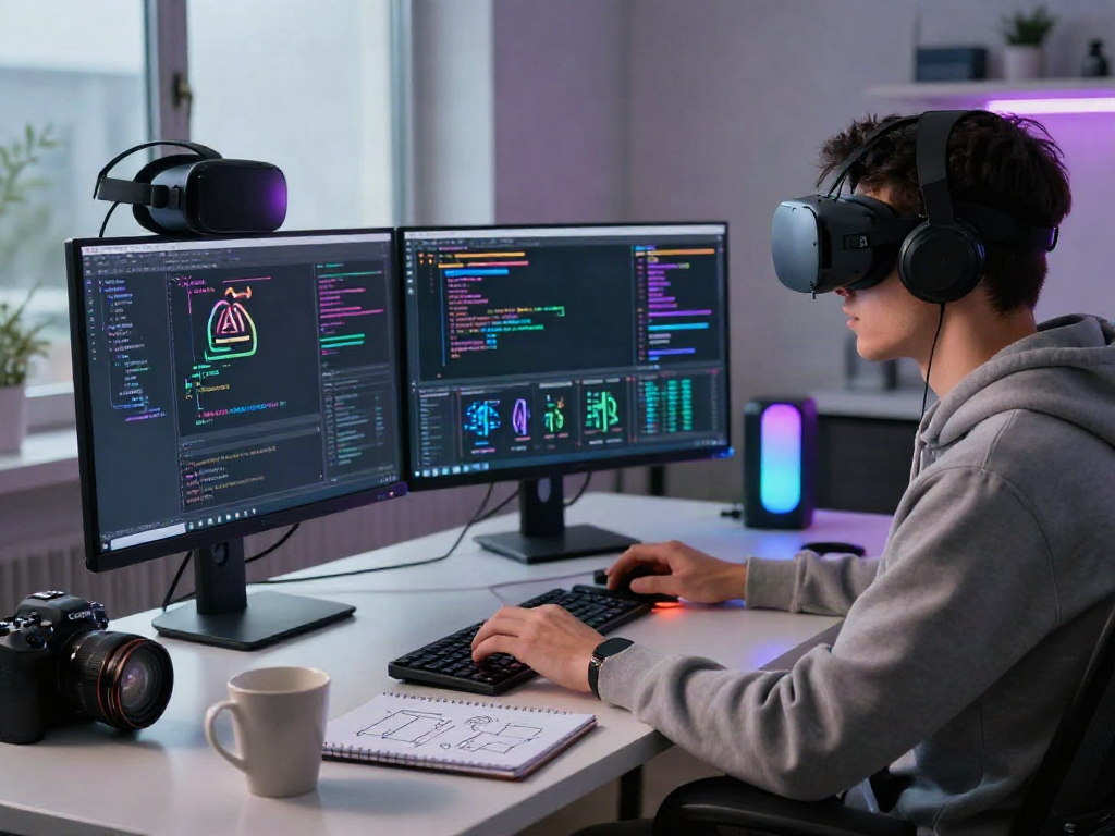 AI NSFW content creation workspace with a coder focused on data analytics, showcasing modern tech surroundings.