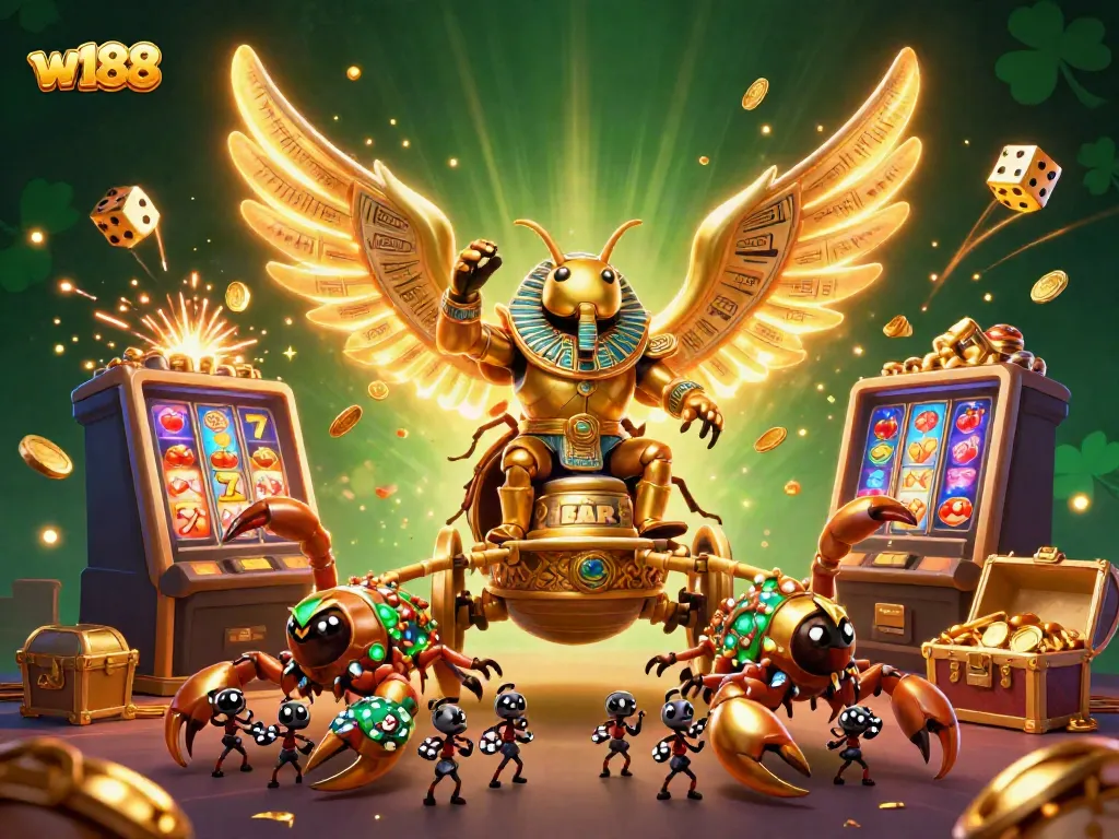 Experience the excitement of w188 with vibrant casino elements swirling around a golden scarab beetle chariot.