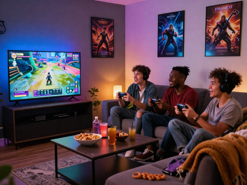 Group enjoying a real porn game in a cozy gaming lounge with vibrant visuals.