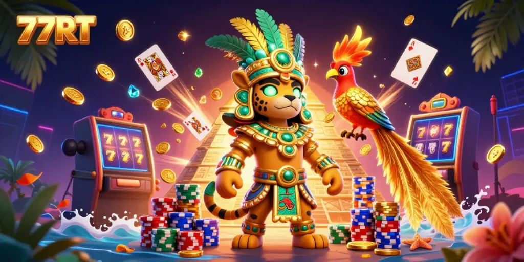 Join the fun with 77RT as the Mayan jaguar priest spins lucky slot machines amidst a treasure of gold.