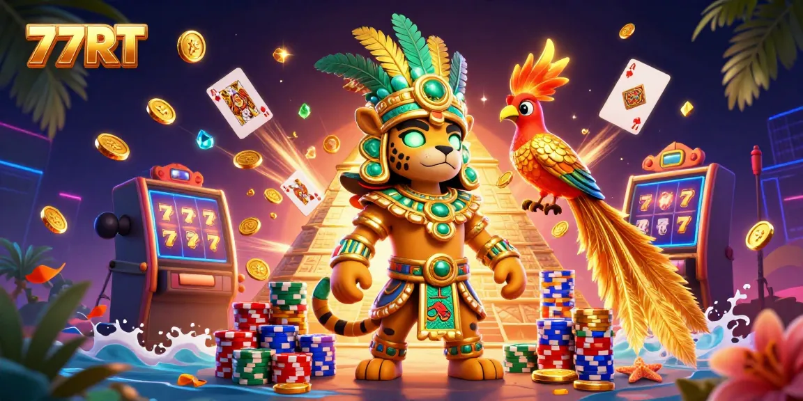 Join the fun with 77RT as the Mayan jaguar priest spins lucky slot machines amidst a treasure of gold.