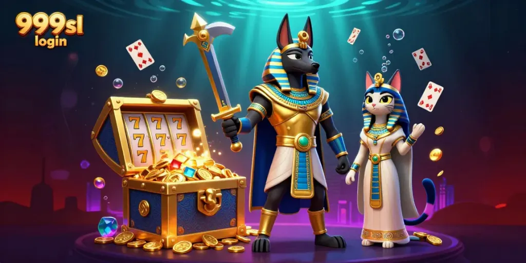 Engage with the thrilling world of 999sl login featuring vibrant casino elements, treasure chests, and ancient Egyptian warriors.