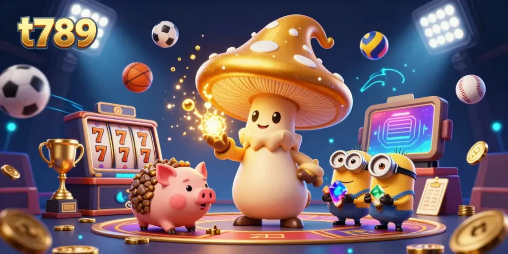 Experience thrilling casino magic with the t789 golden mushroom wizard and vibrant game elements in a detailed 3D illustration.