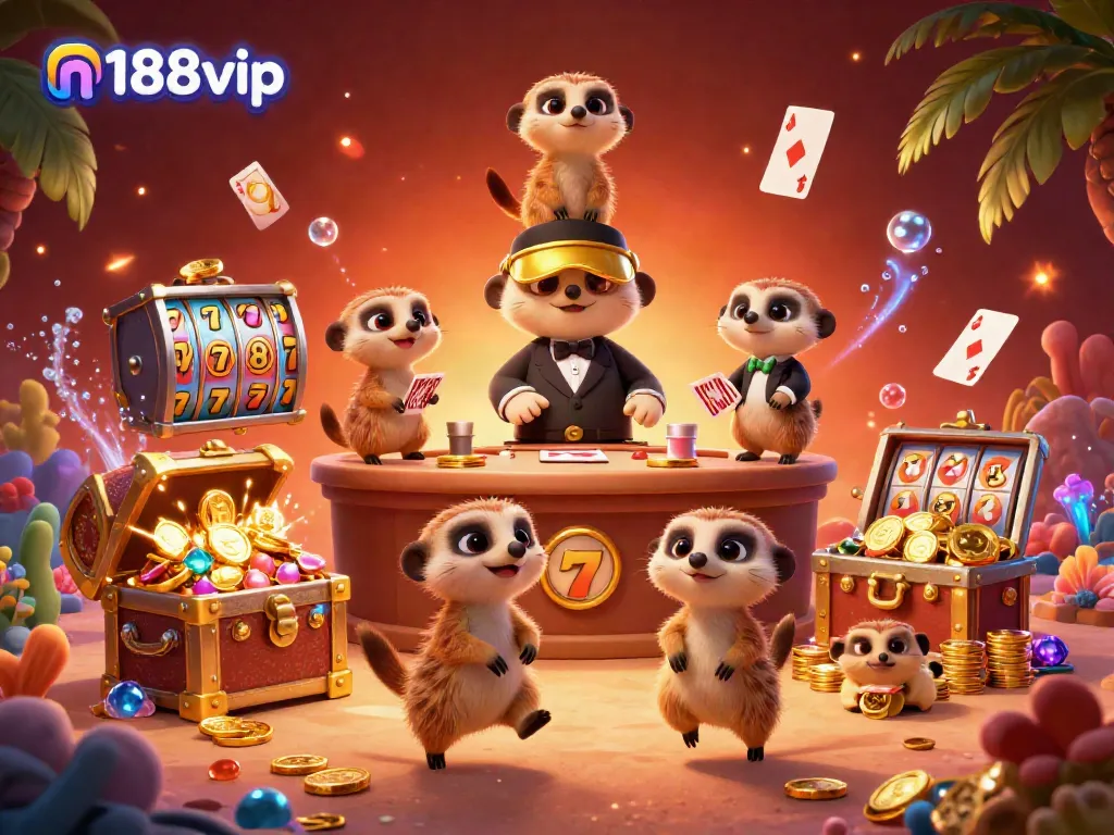 Experience thrilling casino action at n188vip with meerkats managing slot games and a vibrant underwater backdrop.