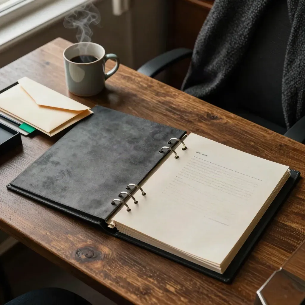 Overhead debt plan desk with binder, sealed envelopes, tea mug and cardigan