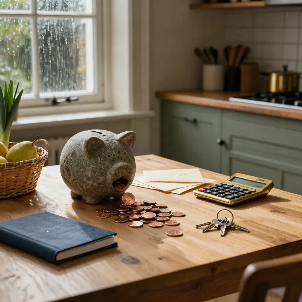 Money-planning kitchen scene with savings jar, envelopes, calculator, keys and groceries by rainy window light.