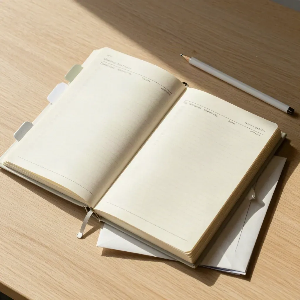 Overhead of an open budget binder with tabs, pencil case and folded envelopes on pale oak