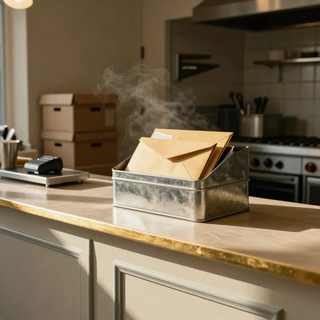 Moody café back counter with till tin, invoice envelopes, card reader and delivery crates in steam.