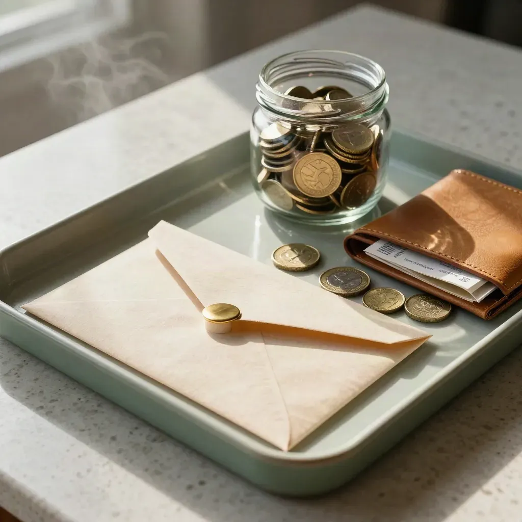 Savings envelopes, coin jar and receipt wallet on travertine in soft morning light.