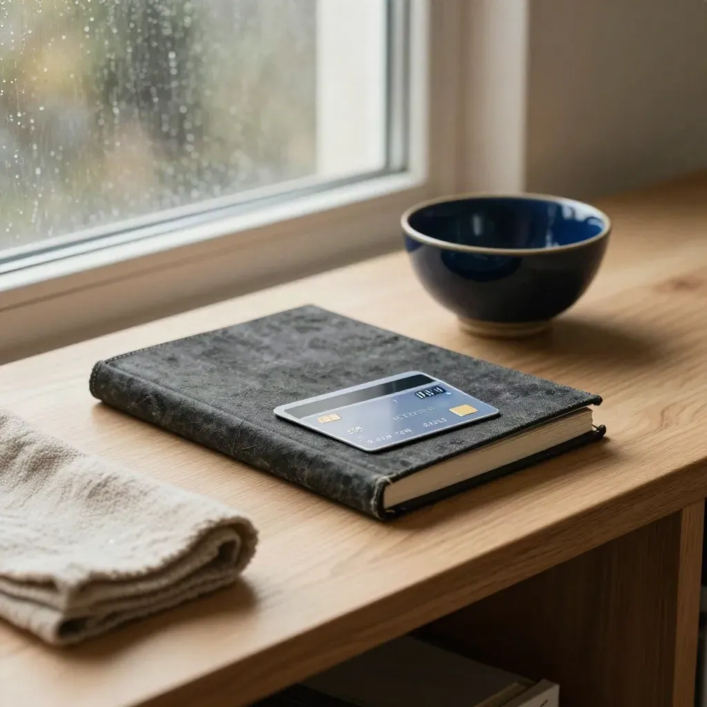 Neat debt notes on a sideboard with notebook, face-down cards, bowl, wool cloth, and rain-soft window light.