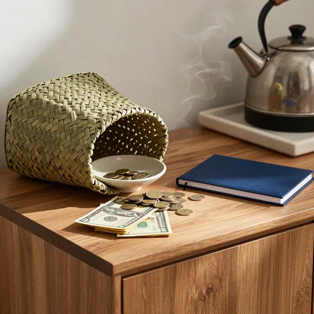 Coins, cash sleeves, notebook and grocery tote beside a steaming kettle on a kitchen sideboard.