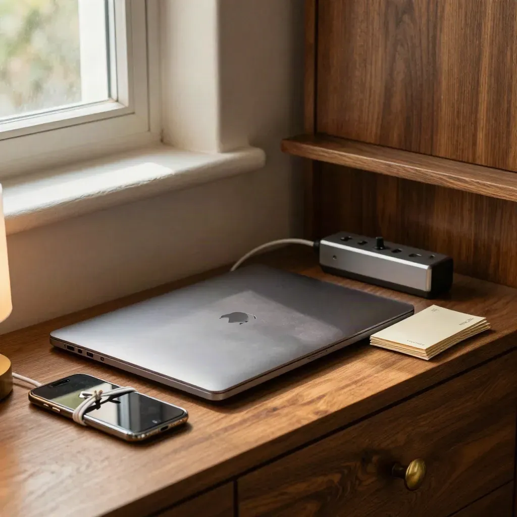 Cozy utility nook with a shut laptop, tangled cables, dark phone and mailers by warm window light.
