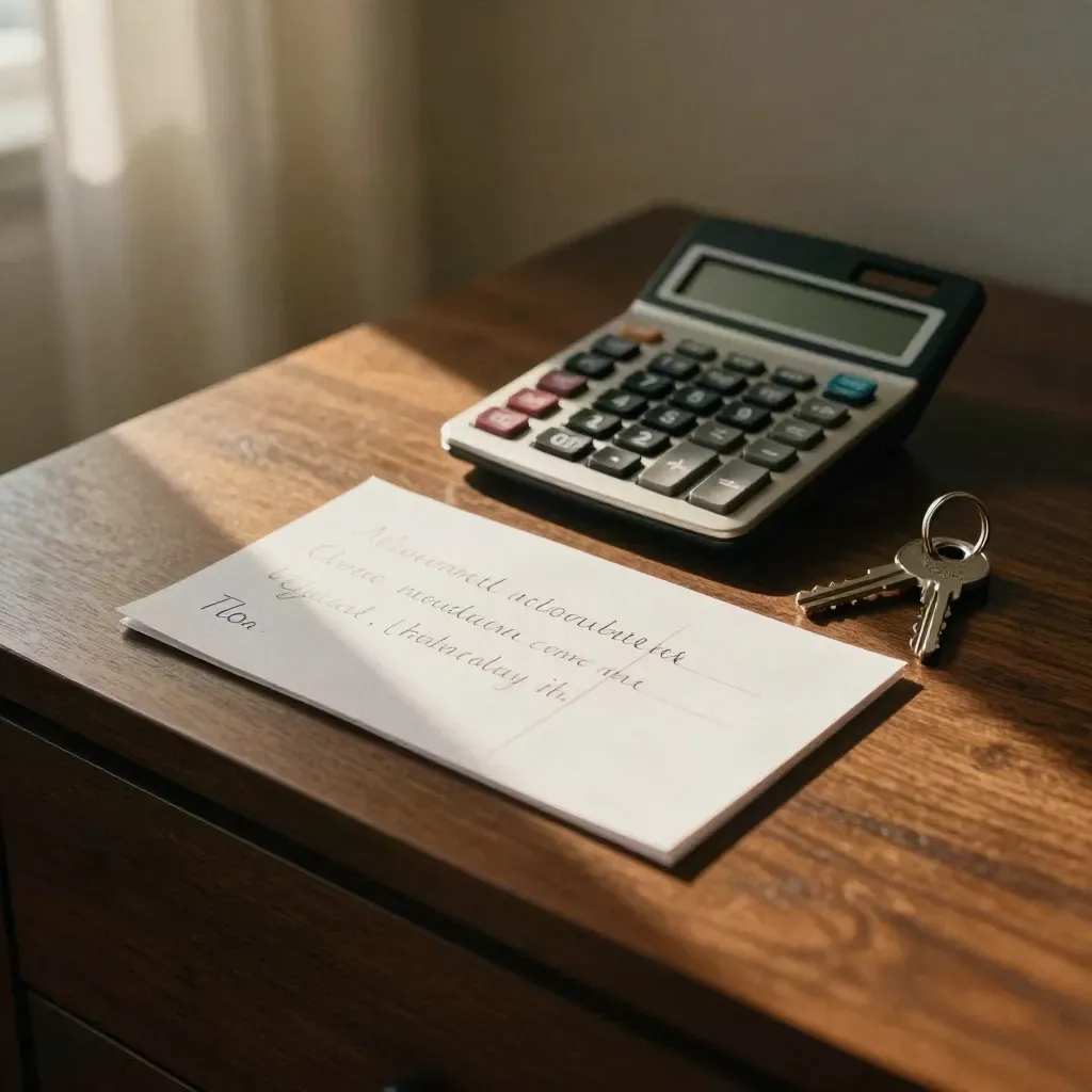 Calculator, face-down quote slips and a polished key ring on a dark side table in moody light.