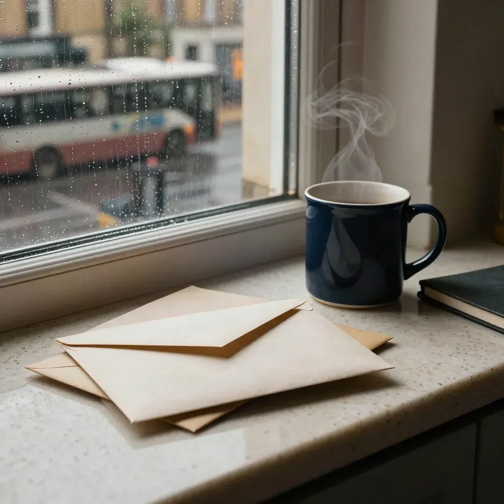 Rain-speckled London kitchen with sealed envelopes, a navy mug, and a closed notebook by the window.