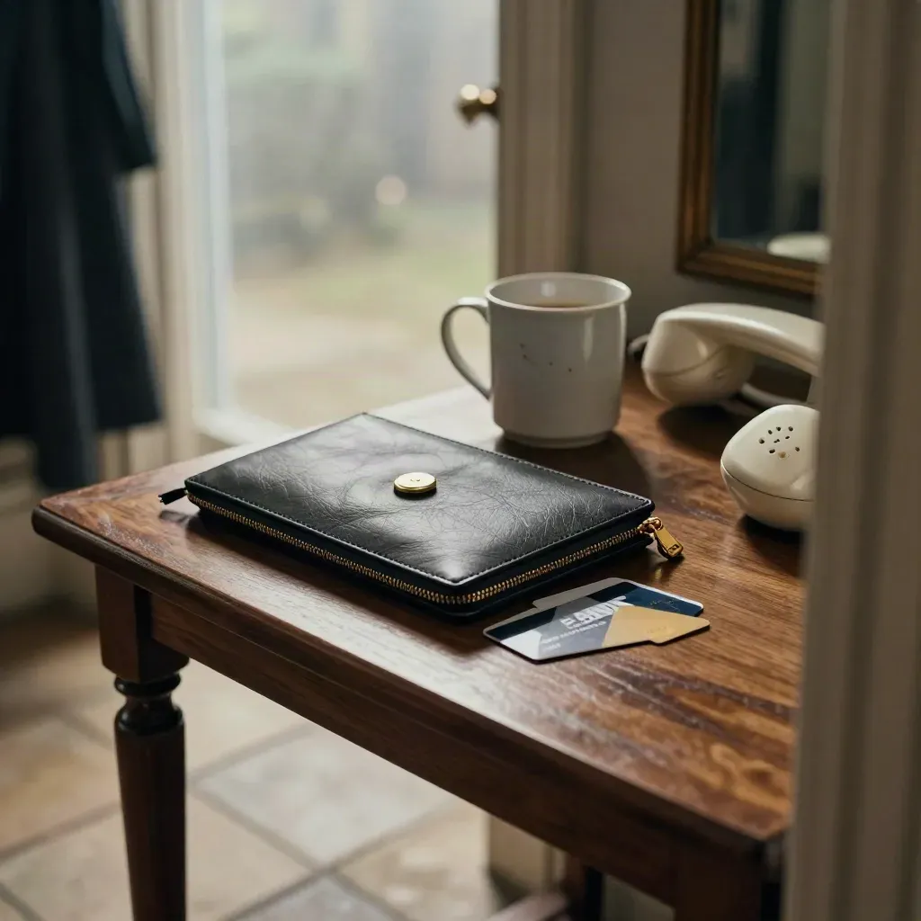 Hall console with wallet, bank card, mug and phone handset ready for a debt advice call.