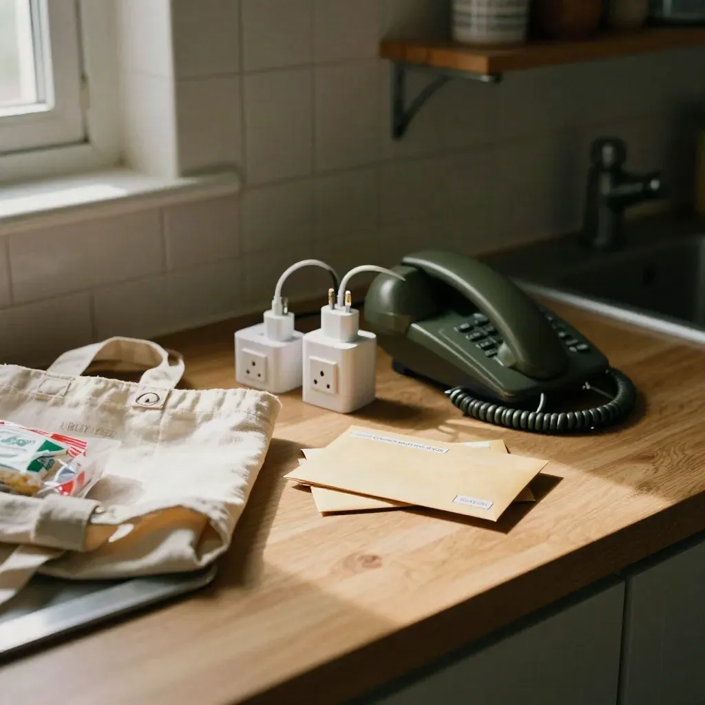 Utility corner with unplugged plugs, shut phone, grocery tote, and sealed envelopes on a pale oak counter.
