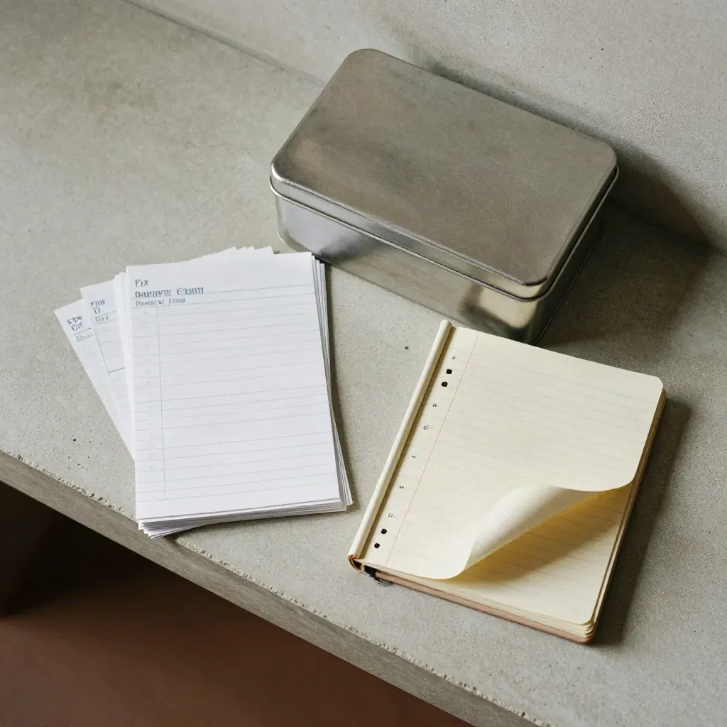 Overhead cash-flow items on a pale workbench with a till tin and ledger tray.