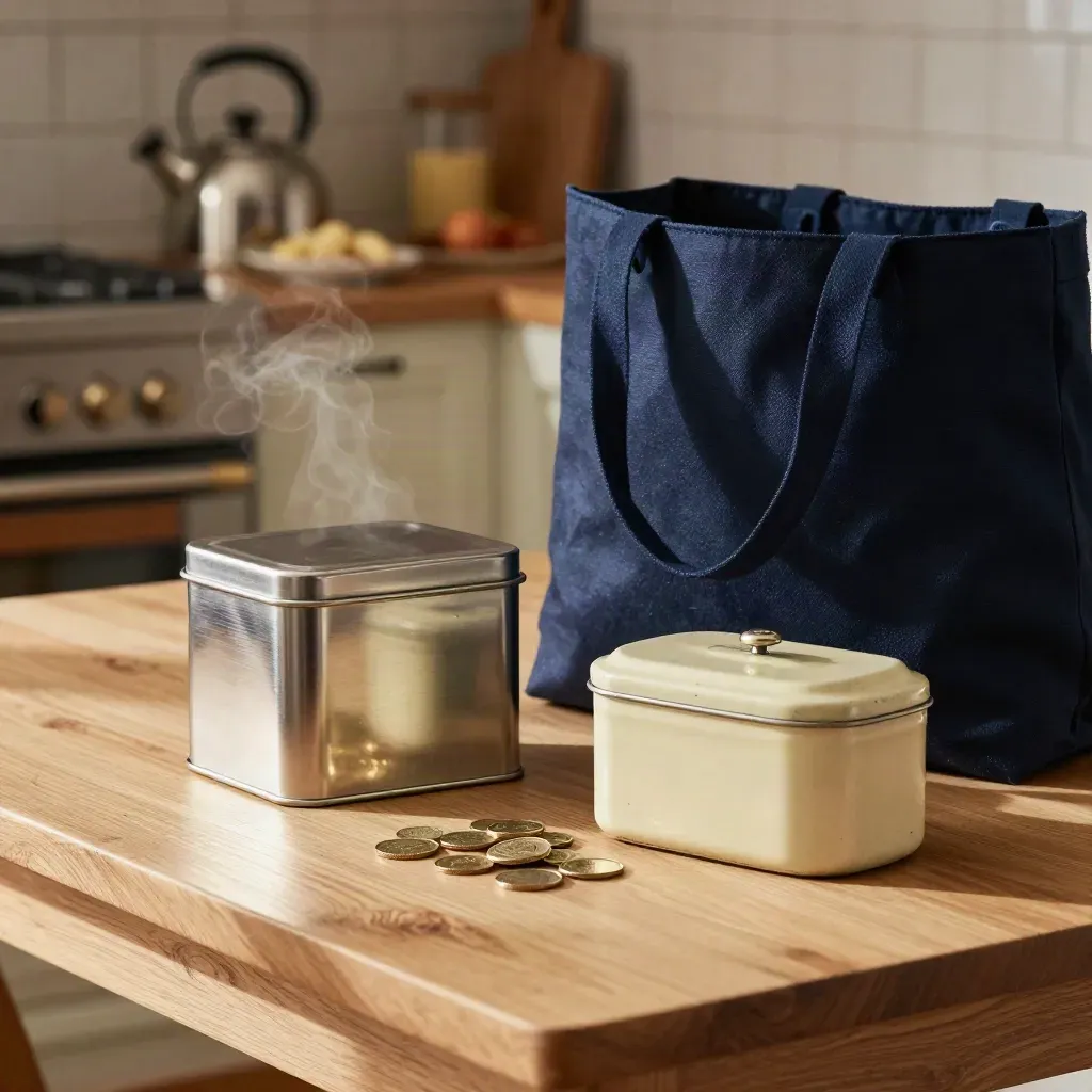 A navy tote, cash tin and biscuit tin on a Manchester kitchen table with kettle steam.
