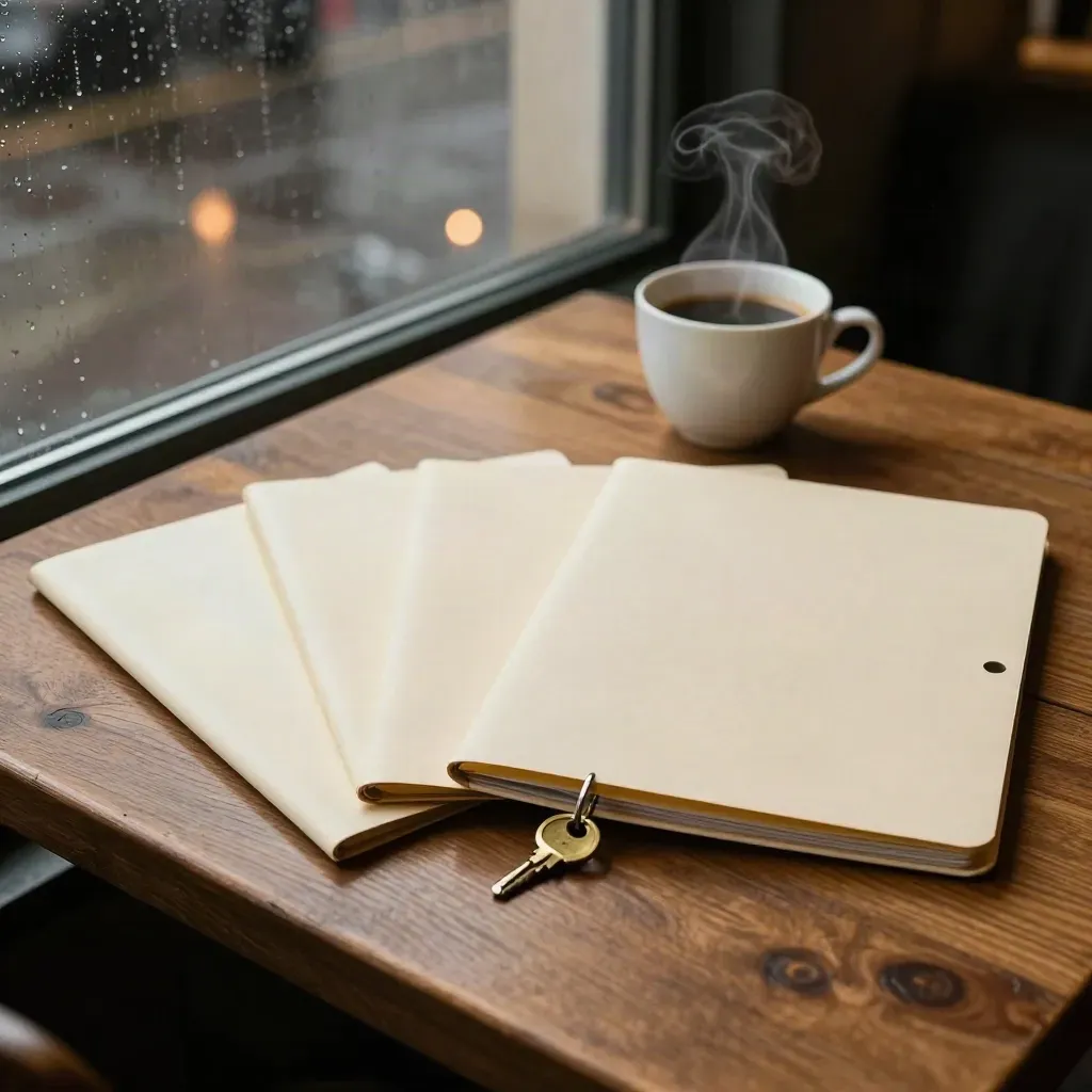 Rainy Birmingham café table with three quote folders, keys, and a steaming cup.