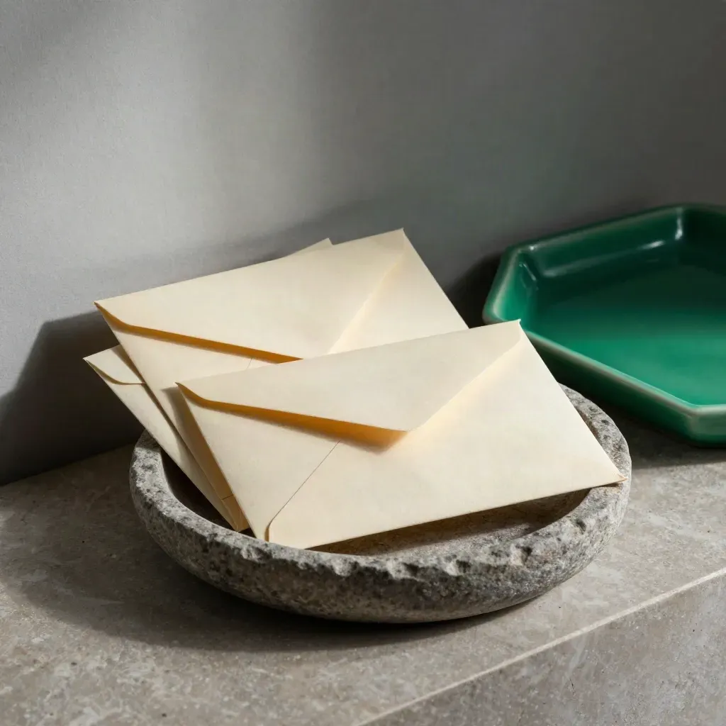 Three sealed envelopes in a stone dish beside an emerald tray on a cool concrete ledge.
