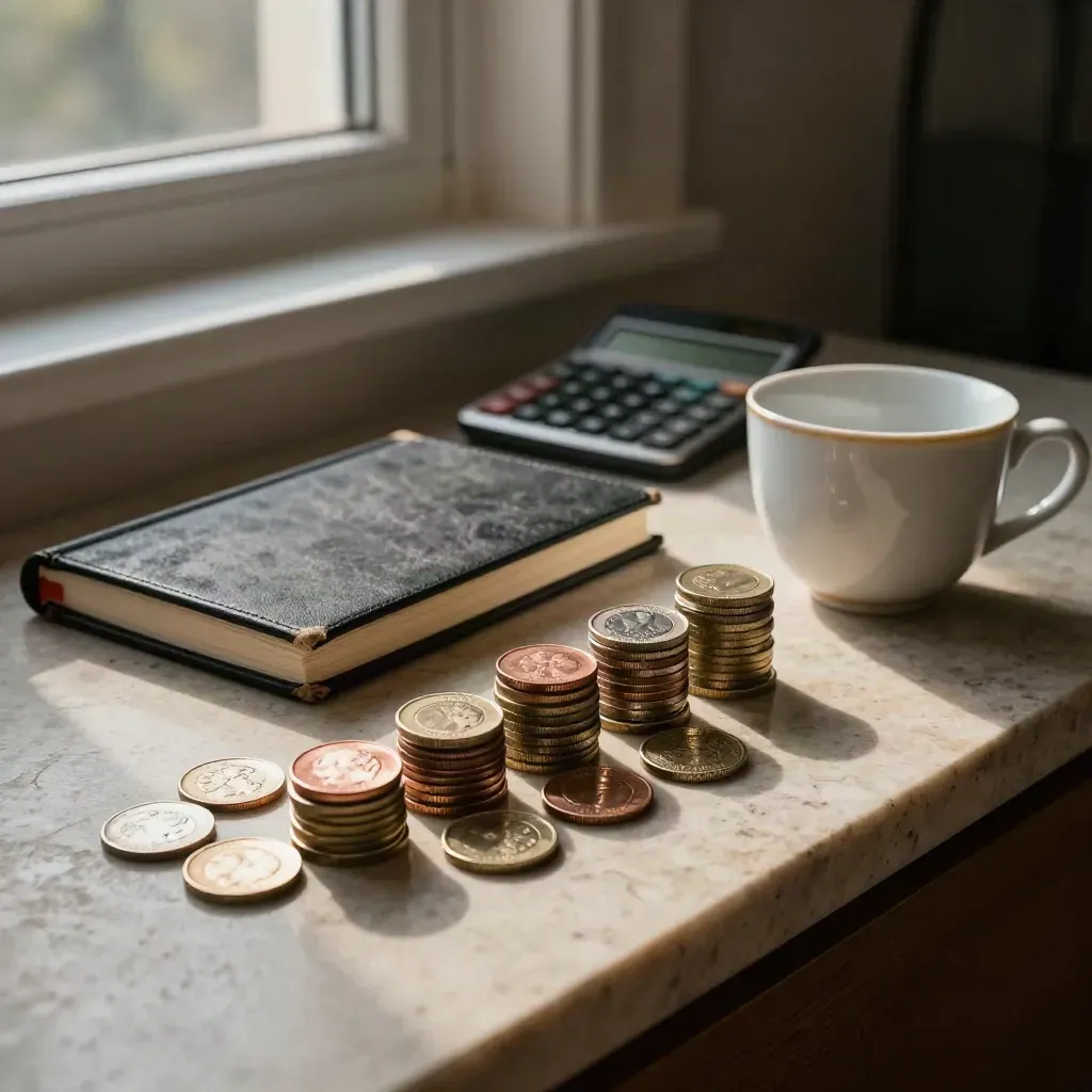 Coins, ledger, calculator and cup on a stone sideboard in soft evening light.